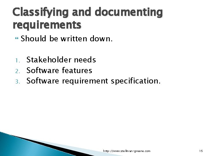 Applied Software Project Management Classifying and documenting requirements 1. 2. 3. Should be written