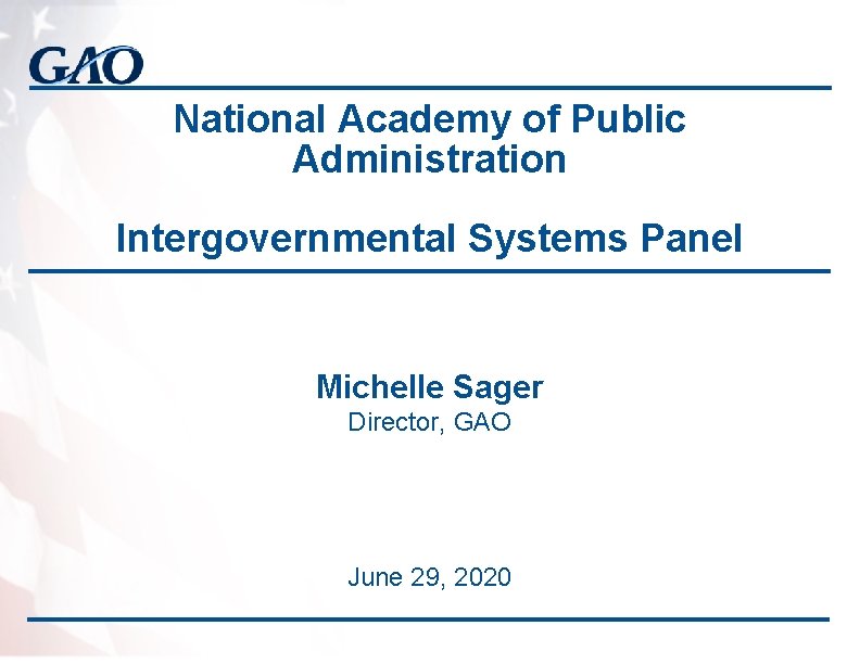 National Academy of Public Administration Intergovernmental Systems Panel Michelle Sager Director, GAO June 29,