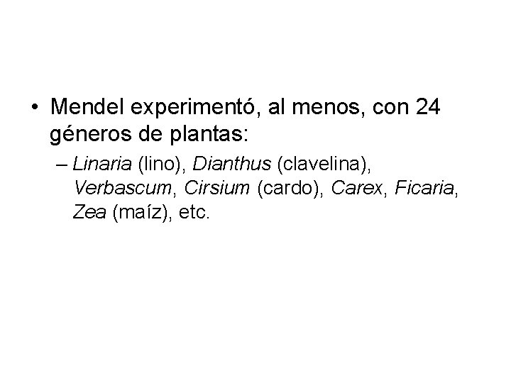  • Mendel experimentó, al menos, con 24 géneros de plantas: – Linaria (lino),