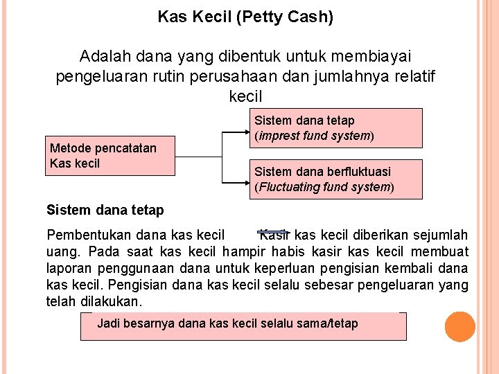 Kas Kecil (Petty Cash) Adalah dana yang dibentuk untuk membiayai pengeluaran rutin perusahaan dan