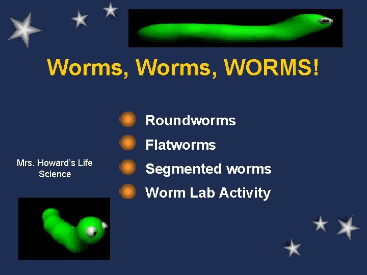 Worms, WORMS! Roundworms Flatworms Mrs. Howard’s Life Science Segmented worms Worm Lab Activity 