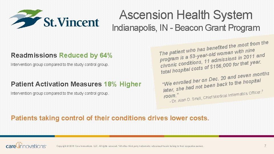 Ascension Health System Indianapolis, IN - Beacon Grant Program Readmissions Reduced by 64% Intervention