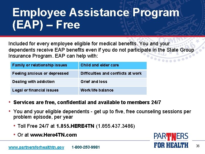 Employee Assistance Program (EAP) – Free Included for every employee eligible for medical benefits.