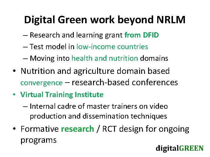 Digital Green work beyond NRLM – Research and learning grant from DFID – Test Digital Green work beyond NRLM – Research and learning grant from DFID – Test