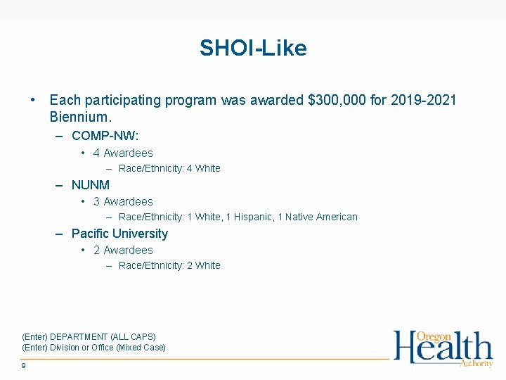 SHOI-Like • Each participating program was awarded $300, 000 for 2019 -2021 Biennium. –