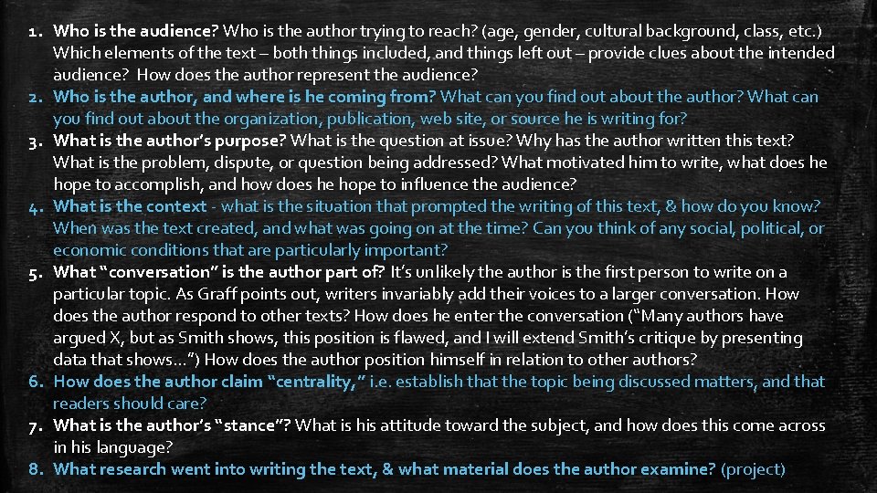 1. Who is the audience? Who is the author trying to reach? (age, gender,
