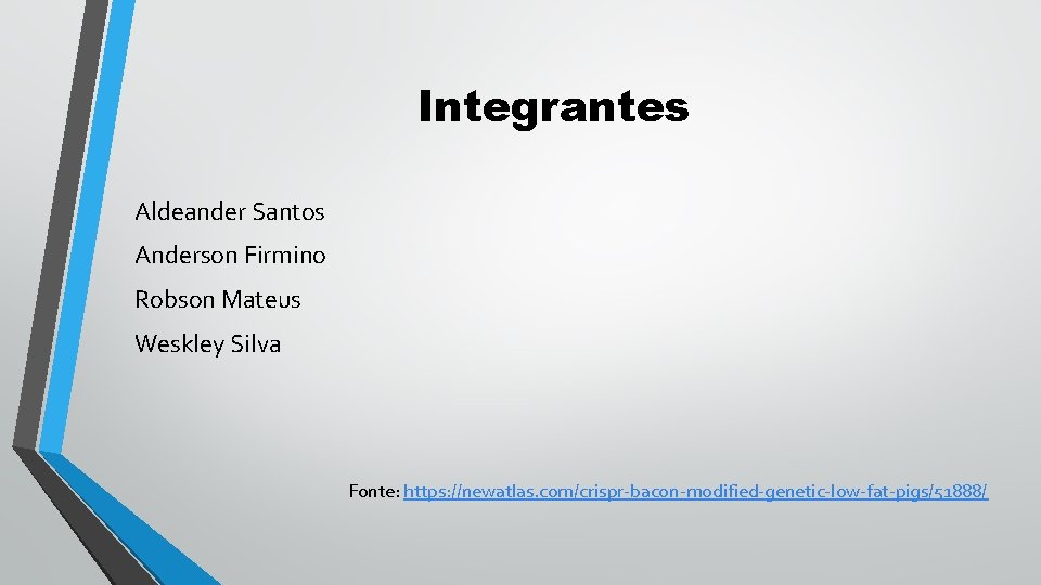 Integrantes Aldeander Santos Anderson Firmino Robson Mateus Weskley Silva Fonte: https: //newatlas. com/crispr-bacon-modified-genetic-low-fat-pigs/51888/ 