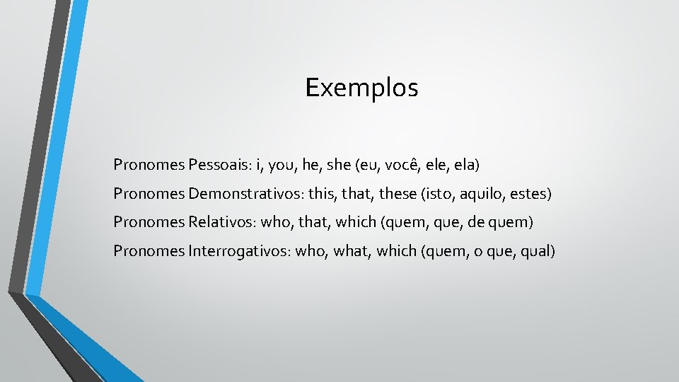 Exemplos Pronomes Pessoais: i, you, he, she (eu, você, ele, ela) Pronomes Demonstrativos: this,