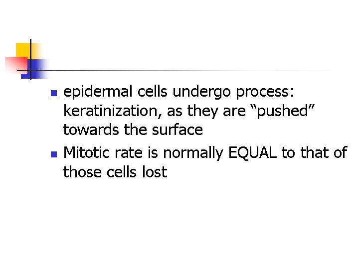 n n epidermal cells undergo process: keratinization, as they are “pushed” towards the surface