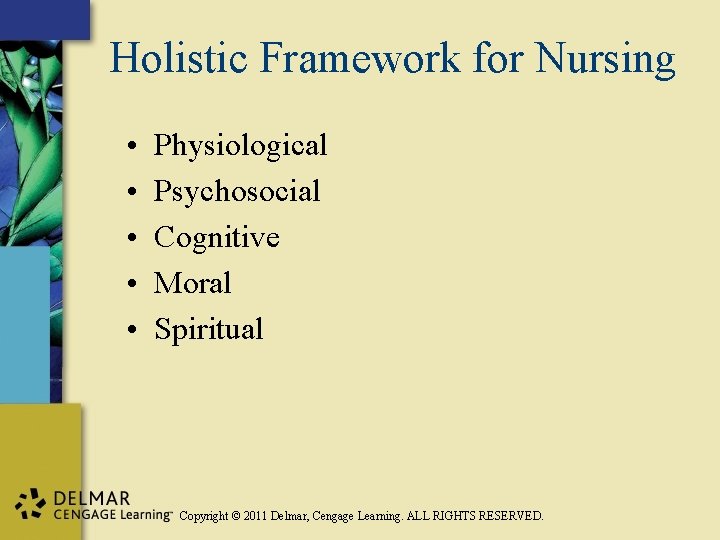 Holistic Framework for Nursing • • • Physiological Psychosocial Cognitive Moral Spiritual Copyright ©