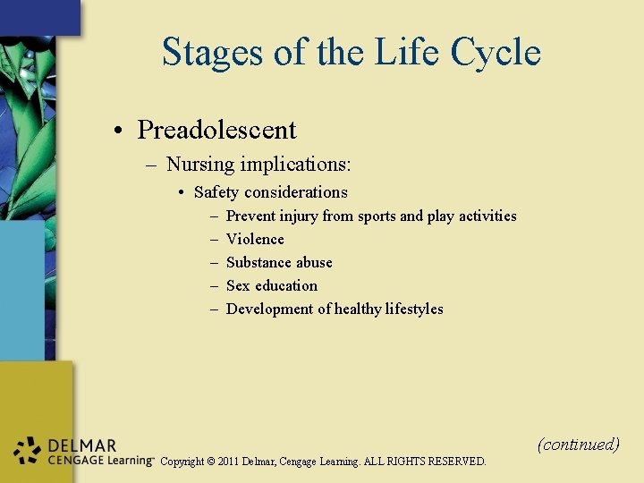 Stages of the Life Cycle • Preadolescent – Nursing implications: • Safety considerations –