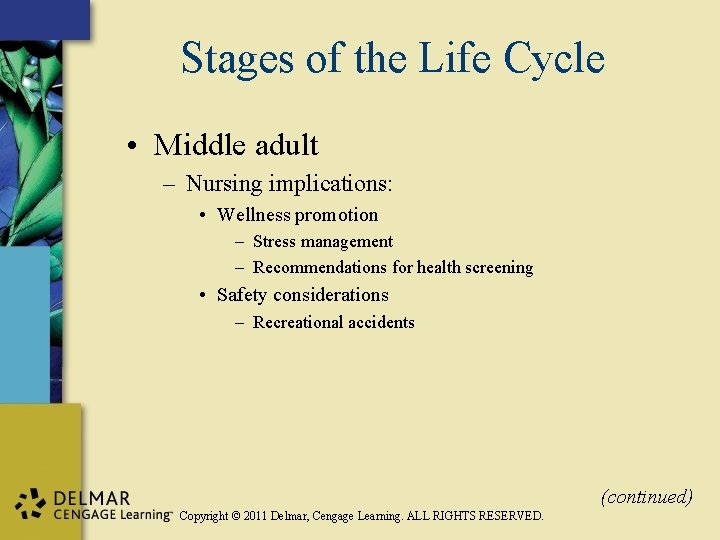 Stages of the Life Cycle • Middle adult – Nursing implications: • Wellness promotion