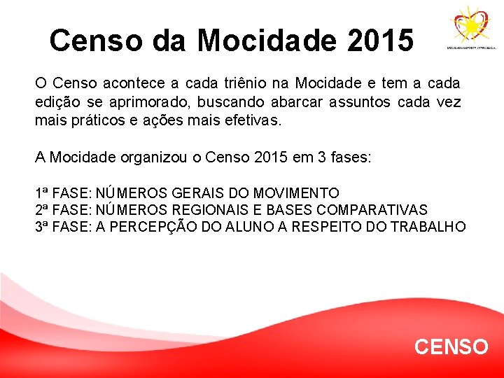 Censo da Mocidade 2015 O Censo acontece a cada triênio na Mocidade e tem