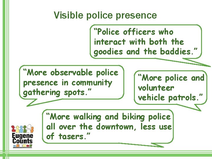 Visible police presence “Police officers who interact with both the goodies and the baddies.