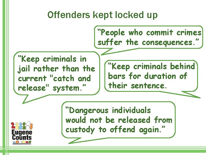 Offenders kept locked up “People who commit crimes suffer the consequences. ” “Keep criminals