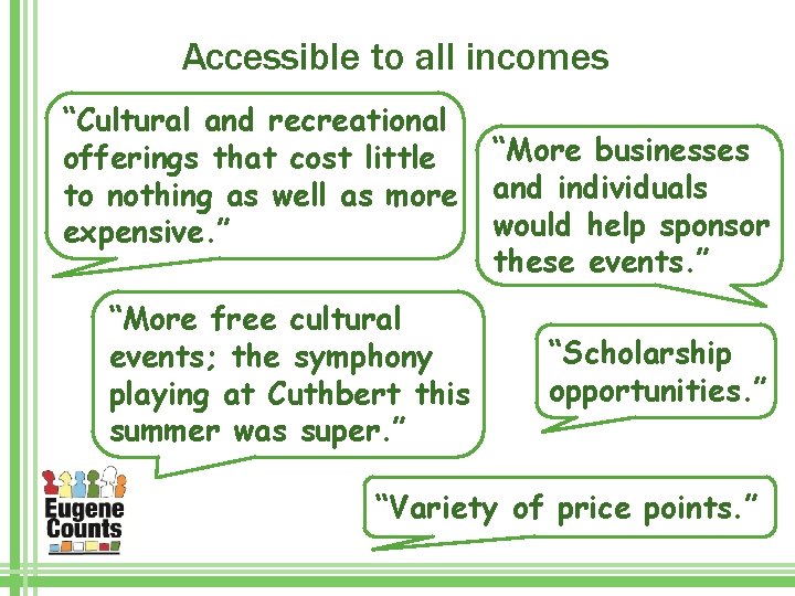 Accessible to all incomes “Cultural and recreational offerings that cost little to nothing as