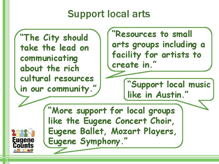 Support local arts “The City should take the lead on communicating about the rich