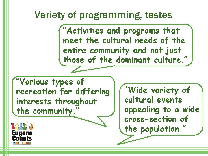 Variety of programming, tastes “Activities and programs that meet the cultural needs of the