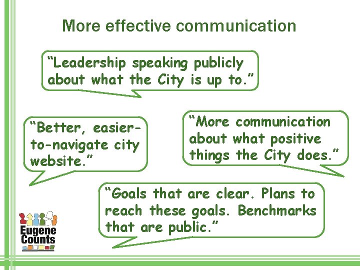 More effective communication “Leadership speaking publicly about what the City is up to. ”