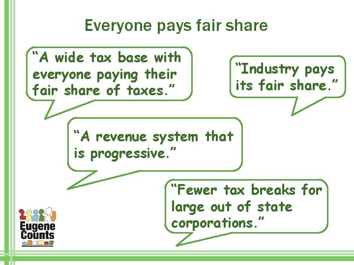 Everyone pays fair share “A wide tax base with everyone paying their fair share