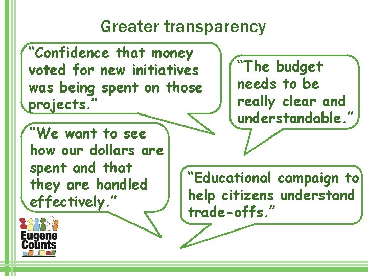 Greater transparency “Confidence that money voted for new initiatives was being spent on those