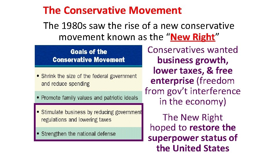 The Conservative Movement The 1980 s saw the rise of a new conservative movement