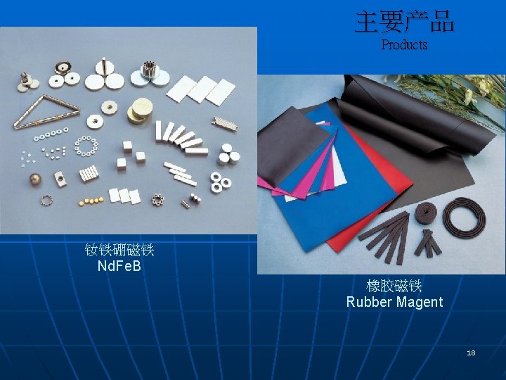 主要产品 Products 钕铁硼磁铁 Nd. Fe. B 橡胶磁铁 Rubber Magent 18 