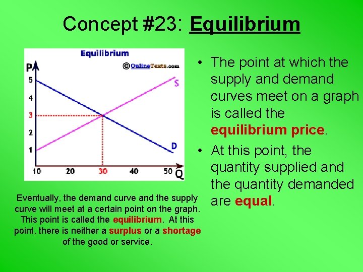 Concept #23: Equilibrium • The point at which the supply and demand curves meet