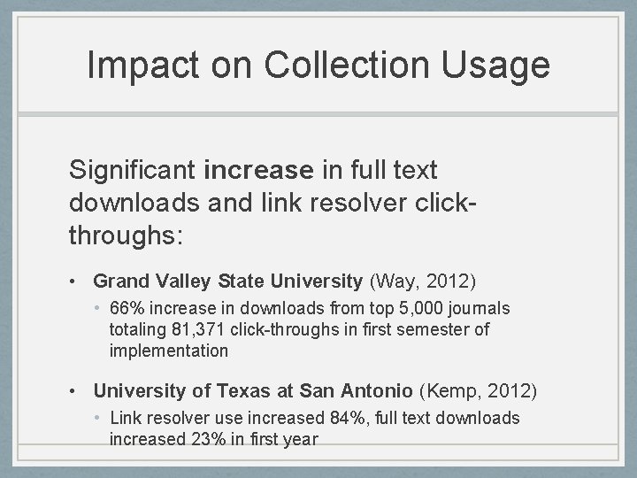 Impact on Collection Usage Significant increase in full text downloads and link resolver clickthroughs: