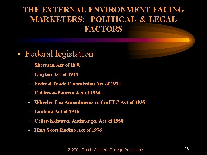 THE EXTERNAL ENVIRONMENT FACING MARKETERS: POLITICAL & LEGAL FACTORS • Federal legislation – Sherman