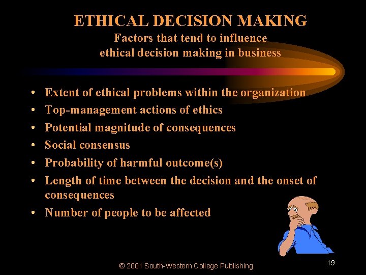 ETHICAL DECISION MAKING Factors that tend to influence ethical decision making in business •