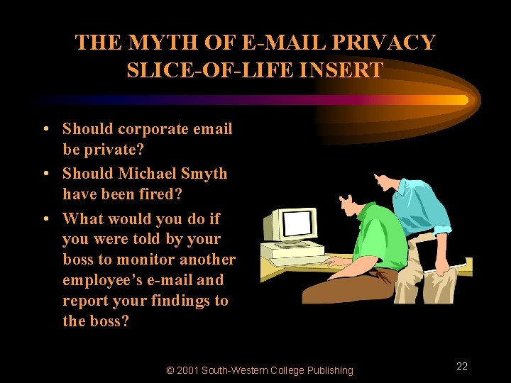 THE MYTH OF E-MAIL PRIVACY SLICE-OF-LIFE INSERT • Should corporate email be private? •