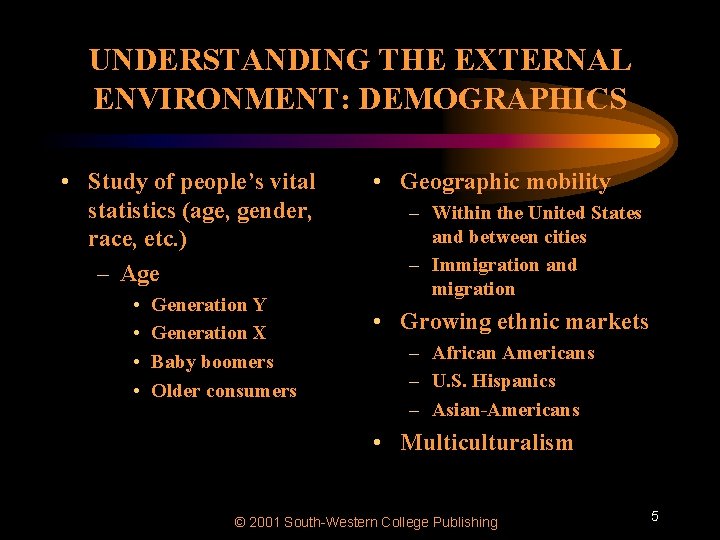 UNDERSTANDING THE EXTERNAL ENVIRONMENT: DEMOGRAPHICS • Study of people’s vital statistics (age, gender, race,