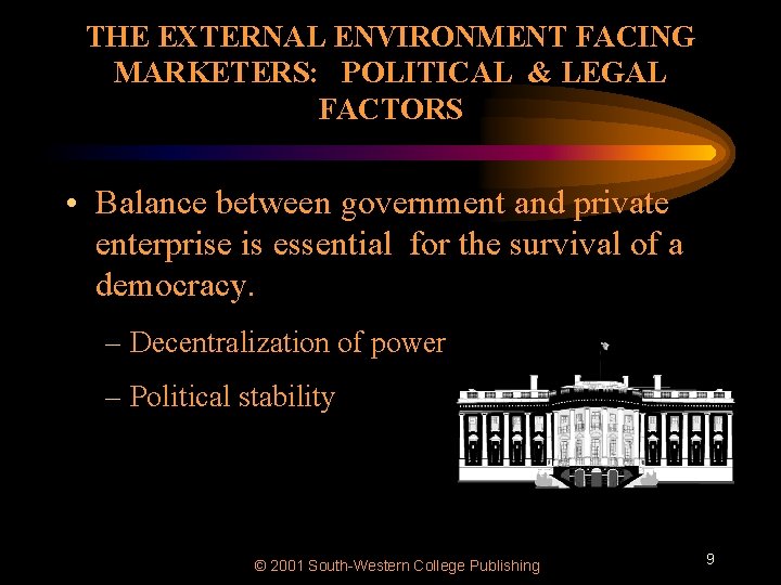 THE EXTERNAL ENVIRONMENT FACING MARKETERS: POLITICAL & LEGAL FACTORS • Balance between government and