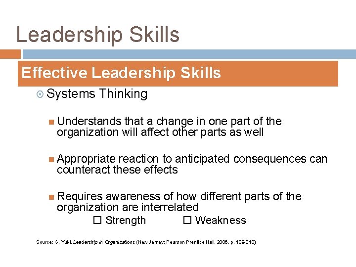 Leadership Skills Effective Leadership Skills Systems Thinking Understands that a change in one part