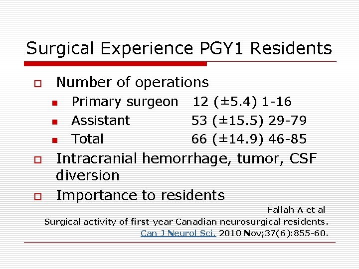 Surgical Experience PGY 1 Residents o Number of operations n n n o o