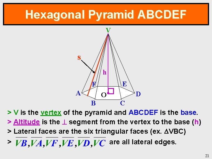 Hexagonal Pyramid ABCDEF V s h E F A O D C B >