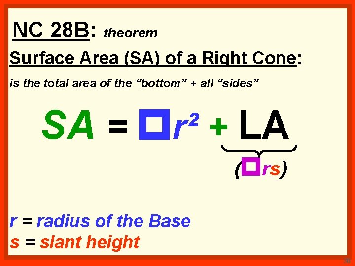 NC 28 B: theorem Surface Area (SA) of a Right Cone: is the total