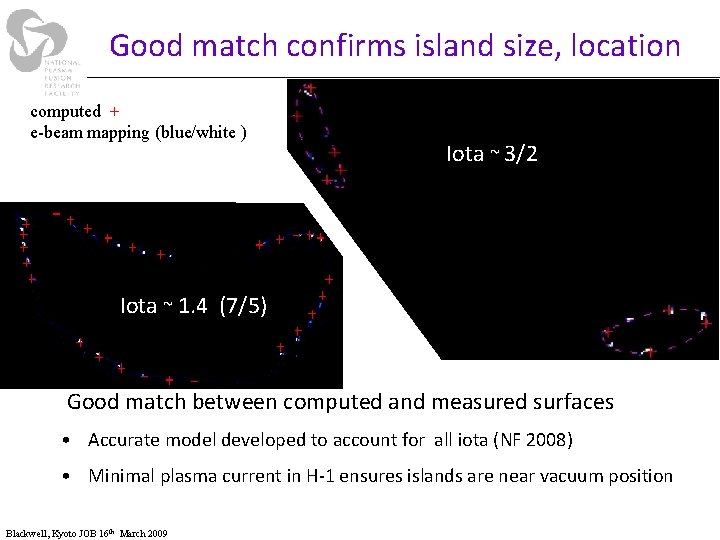 Good match confirms island size, location computed + e-beam mapping (blue/white ) Iota ~