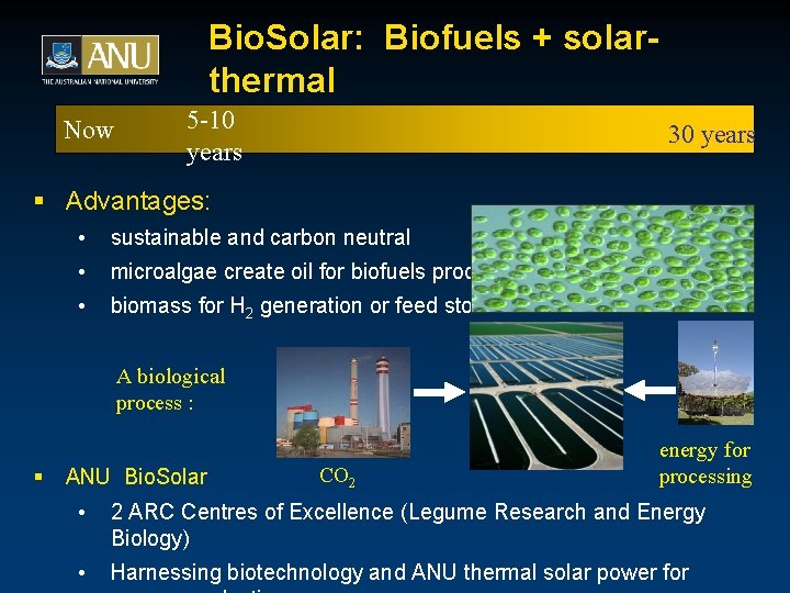Bio. Solar: Biofuels + solarthermal Now 5 -10 years 30 years § Advantages: •