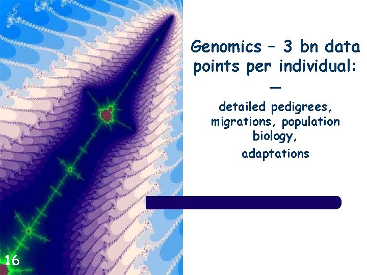 Genomics – 3 bn data points per individual: — detailed pedigrees, migrations, population biology,