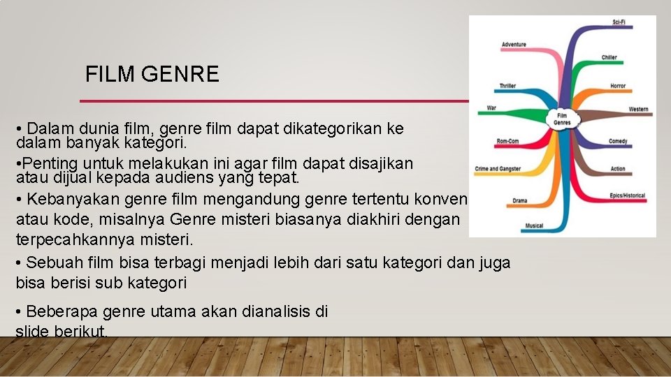 FILM GENRE • Dalam dunia film, genre film dapat dikategorikan ke dalam banyak kategori.
