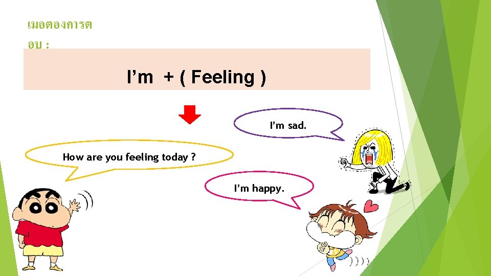 เมอตองการต อบ : I’m + ( Feeling ) I’m sad. How are you feeling