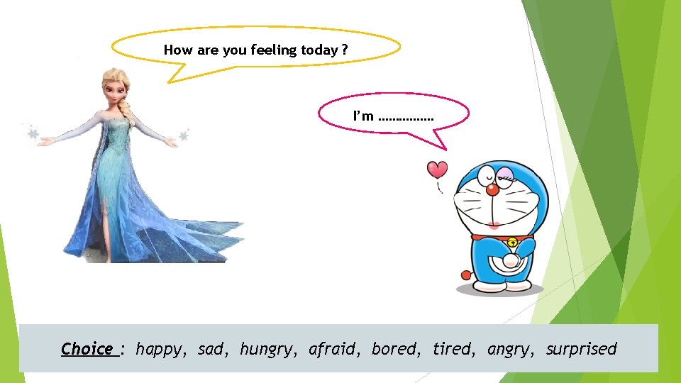How are you feeling today ? I’m ……………. Choice : happy, sad, hungry, afraid,