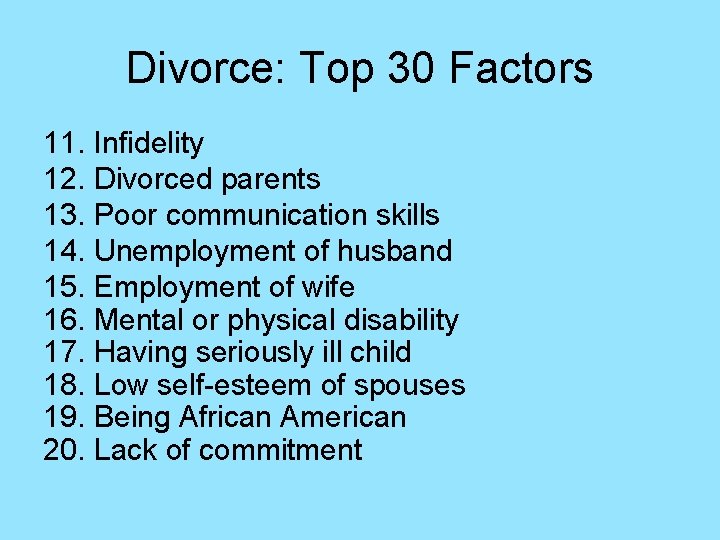 Divorce: Top 30 Factors 11. Infidelity 12. Divorced parents 13. Poor communication skills 14.