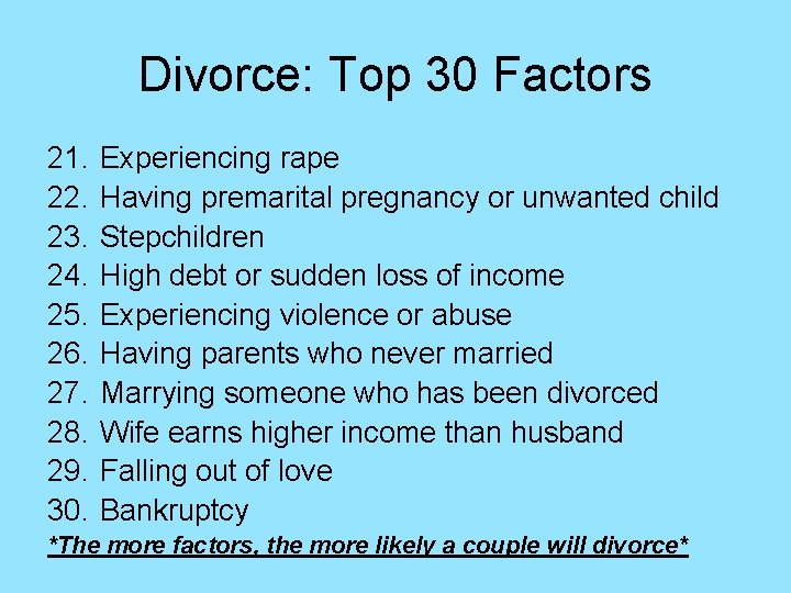 Divorce: Top 30 Factors 21. 22. 23. 24. 25. 26. 27. 28. 29. 30.