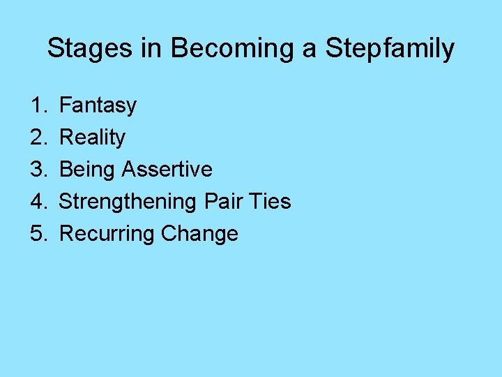 Stages in Becoming a Stepfamily 1. 2. 3. 4. 5. Fantasy Reality Being Assertive