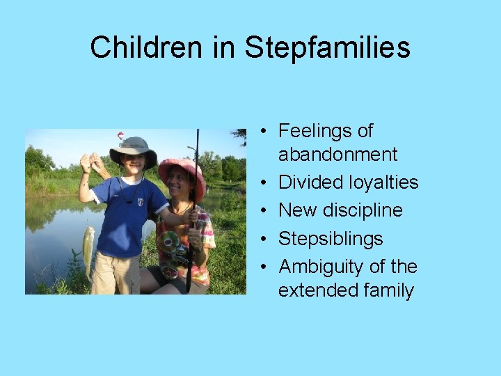 Children in Stepfamilies • Feelings of abandonment • Divided loyalties • New discipline •