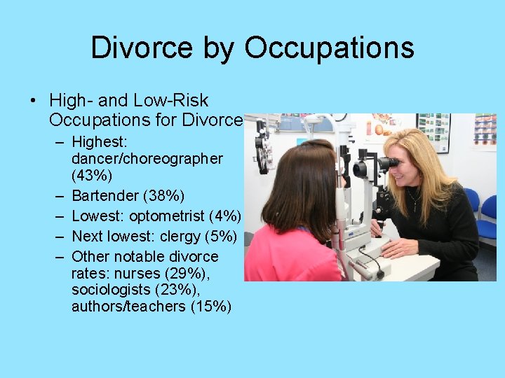 Divorce by Occupations • High- and Low-Risk Occupations for Divorce – Highest: dancer/choreographer (43%)