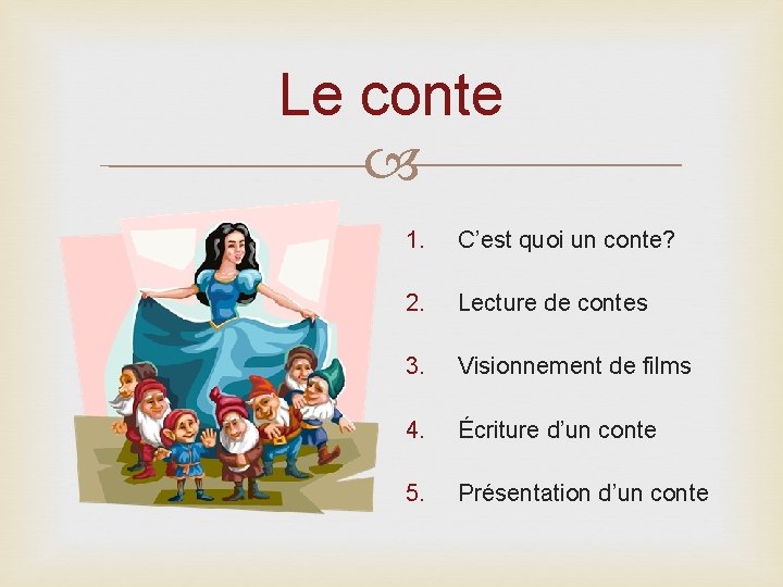 Le conte 1. C’est quoi un conte? 2. Lecture de contes 3. Visionnement de